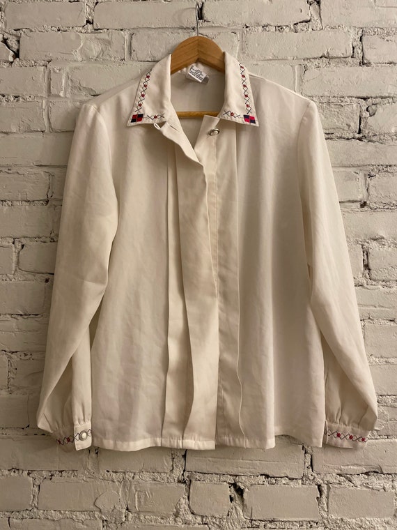 Vintage Embroidered Blouse Collared Pleated - image 5