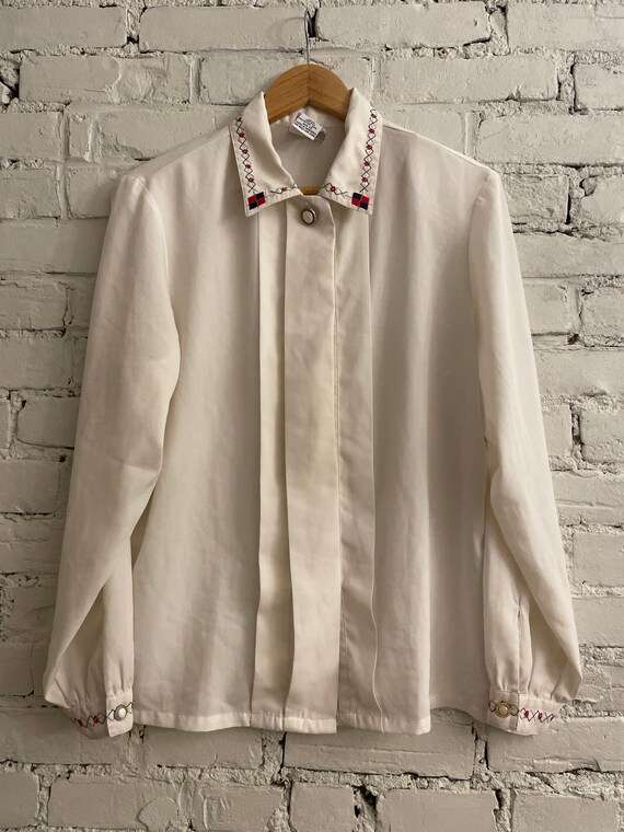 Vintage Embroidered Blouse Collared Pleated - image 2