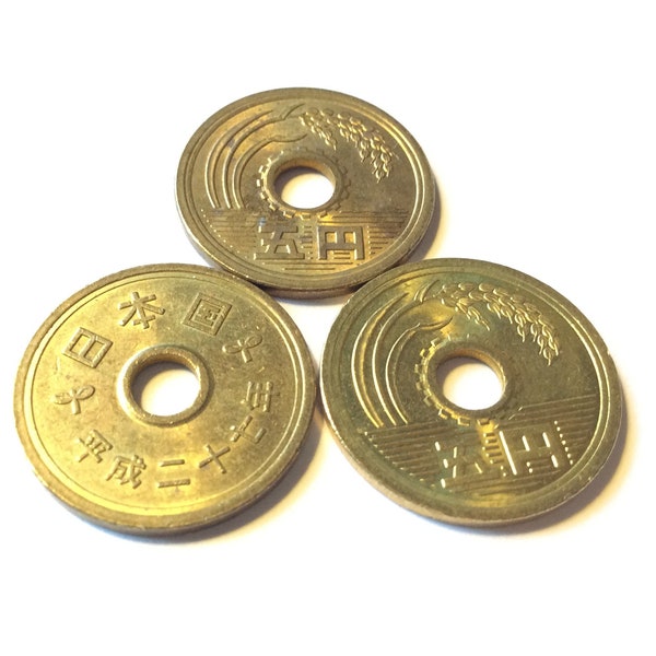 ON SALE! 5-Yen JAPANESE Coins! Set of three (3)! 20% Off! Happy Spring! Good Luck Charms! Gifts, Deco!