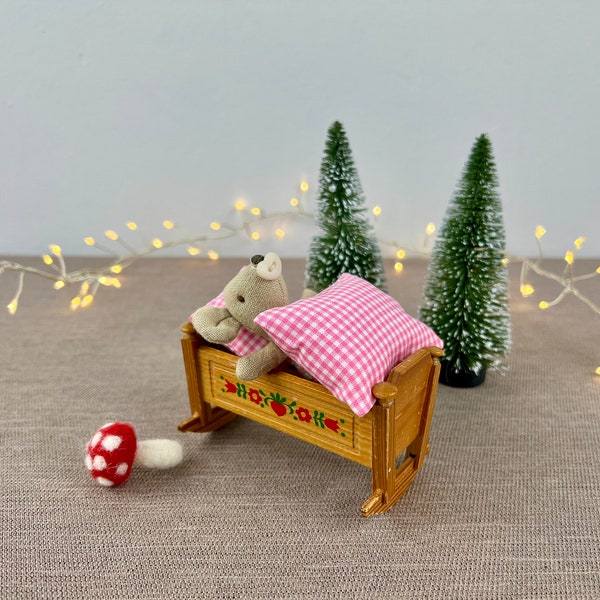 small old wooden doll's cradle dollhouse bedroom set for small dolls or stuffed animals stuffed mice like Maileg Nisse Christmas gnomes