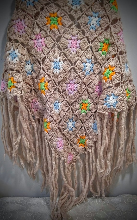 Vintage 70's Hippie Knitted Patchwork Shawl - image 2