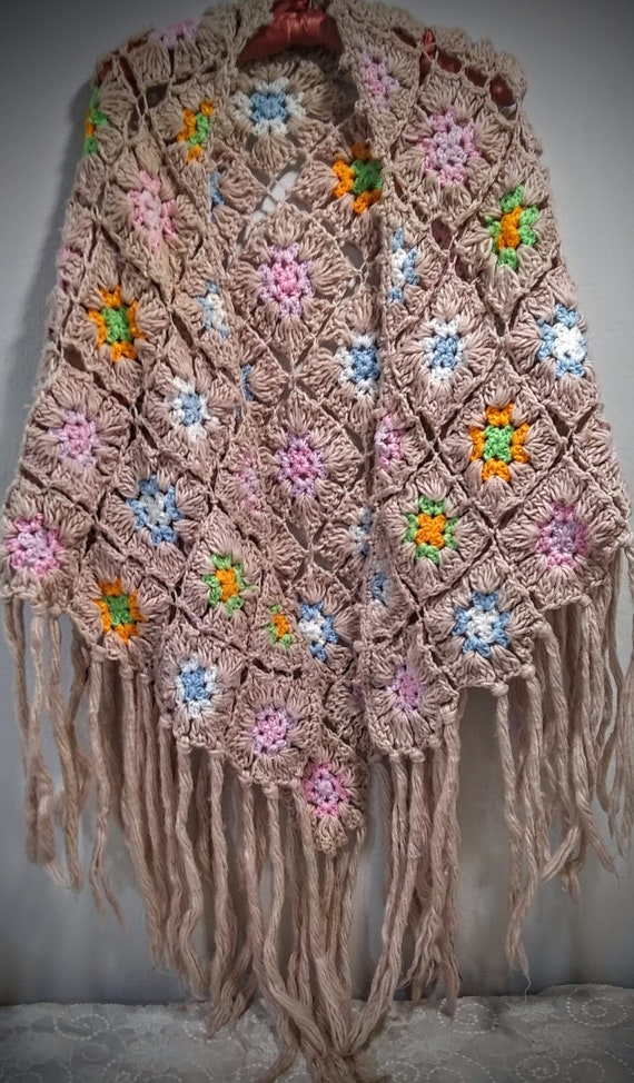 Vintage 70's Hippie Knitted Patchwork Shawl - image 1