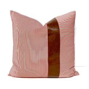 Red Stripe Pillow Cover, Throw Pillow Cover with Leather Accent, Stripe Pillow Cover, Red Pillow Cover, Cotton Pillow Cover