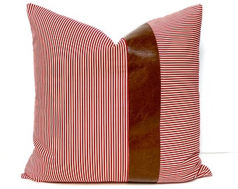 Red Stripe Pillow Cover, Cotton Throw Pillow with Leather Accent
