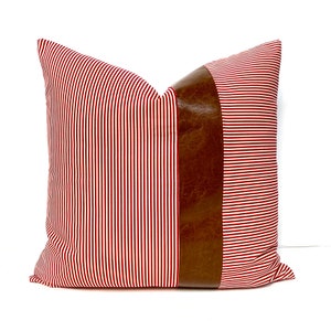 Striped Pillow Cover, Red Stripe Throw Pillow with Leather Accent, Leather Accent Pillow, Decorative Pillow, Red Pillow Cover