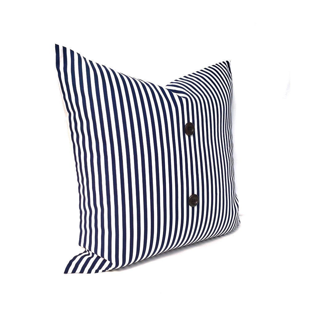 Striped Pillow Cover With Decorative Wooden Button, Navy Blue Striped Pillow Cover, Decorative