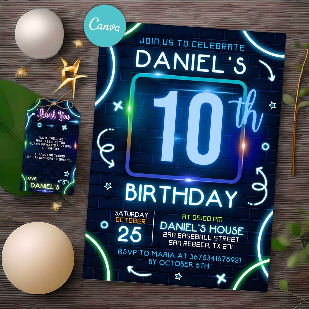Neon Birthday Invitation Template, Teen Birthday Invitation, Neon Glow ...