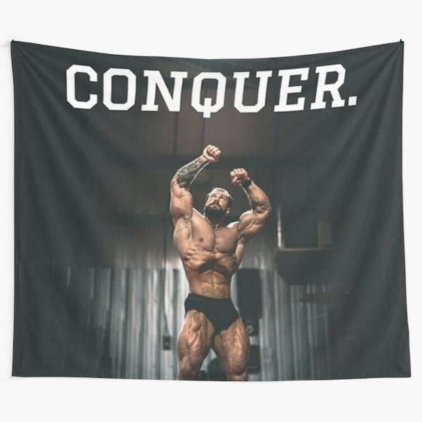 Chris Bumstead CBUM GYM Motivation Tapestry, Conquer Wall Tapestry, Bodybuilding Meme Tapestry