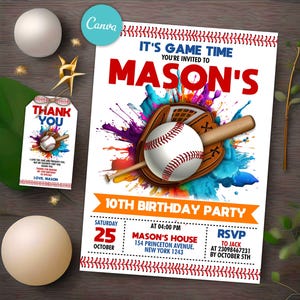 Baseball-Geburtstags-Einladung, Baseball-Party-Einladung, Thema Sport einladen, Slugger Ball Spiel, sofortiger Download, bearbeitbar in Canva