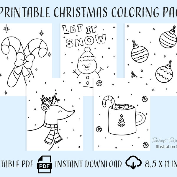 Cute Christmas Coloring Pages, Printable Coloring Book for Kids, Candy Canes, Snowman, Reindeer, Santa, Gingerbread, Ornaments, Presents