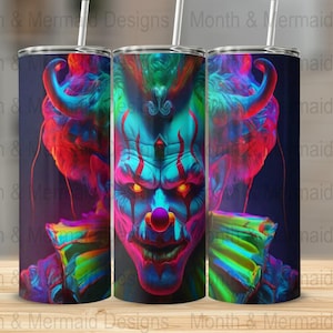 Neon Spooky Clown, Tumbler Wrap, Sublimatie, Waterglijbaan, Digitale download, Recht, Taps toelopend, Halloween, png