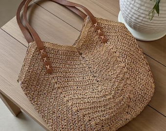 Summer Straw Bag for Women | Rattan Woven Shoulder Handbag | Hollow Raffia Crochet Beach Tote Casual Handbag