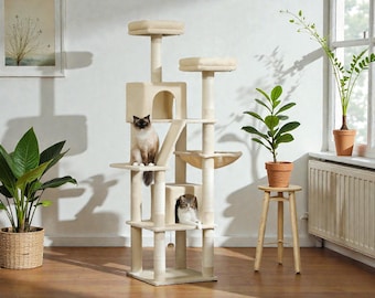 Large Cat Tree Tower 180cm, Multi Level Indoor Cat Condo w/ Hammock & Perches, Plush Tall Cat Tree w/ Natural Sisal Scratching Posts