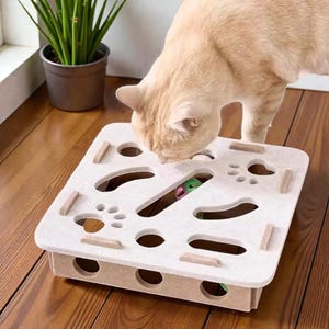Interactive Felt Cat Puzzle Toy Box, Indoor Enrichment Maze with Balls & Bell, Scratch Board Playhouse for Cats and Kittens