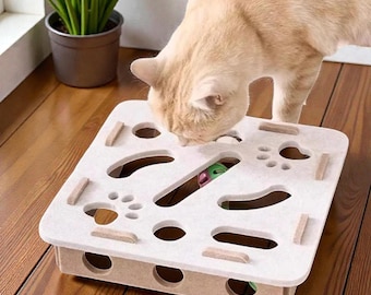 Interactive Felt Cat Puzzle Toy Box, Indoor Enrichment Maze with Balls & Bell, Scratch Board Playhouse for Cats and Kittens
