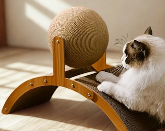 Cat Scratching Ball & Wooden Scratcher, Natural Sisal Scratch Board, Hollow Design Cat Toy, Furniture Protector, Easy Install