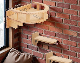 Wall Mounted Cat Shelves Set with Bridge & Hammock, Cat Climbing Steps and Scratch Post, Space Saving Cat Wall Furniture