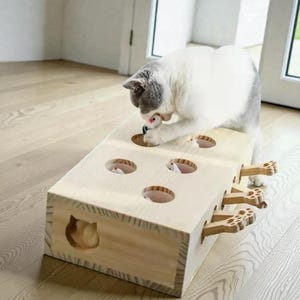 May include: A light-colored wooden cat toy with multiple holes and paw-shaped levers. A gray and white cat is interacting with the toy, reaching into the holes. The toy is designed to stimulate a cat's natural hunting instincts.