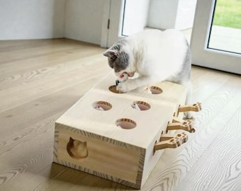 Wooden Cat Puzzle Toy Hunt Maze, Interactive Cat Mouse Holes Game 5 Hole, Kitty Intelligence Toy for Bored Cats, Pet Lover Gift