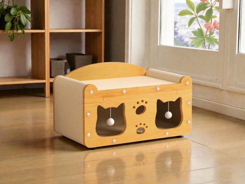 May include: A light wood cat bed with a scratching surface and two cat-shaped openings. The bed has a curved top and a neutral-colored interior. A small white ball hangs inside each cat opening. The bed is decorated with paw prints.