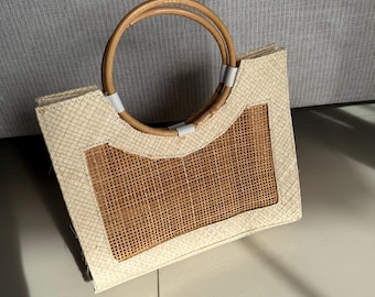 Natural Woven Tote Bag | Bamboo Circle Handle | Beach & Market Bag