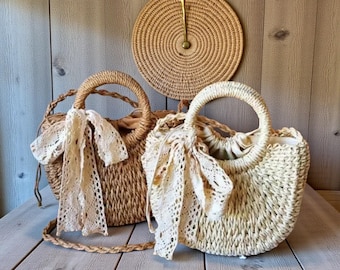 Handwoven Straw Crossbody Bag for Women | Moon Shape Rattan Handbag with Lace Bow | Large Capacity Beach Shoulder Bag