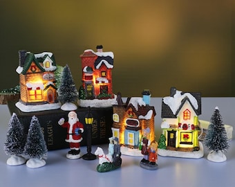 LED Resin Christmas Village Ornaments Set Santa Claus Snow House Figurines Holiday Home Decor Pine Needle Display Gift