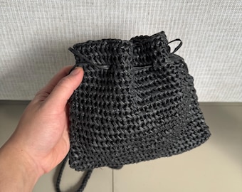 Black Crochet Drawstring Bag | Boho Festival Purse | Handmade Mini Tote