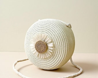 Flower Graphic Circle Straw Bag | Vintage Shoulder Beach Bag | Women’s Crossbody Purse | Mini Floral Decor Summer Handbag