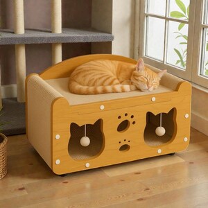 May include: A wooden cat bed with a sleeping orange tabby cat. The bed has a light brown scratch pad, cat-shaped cutouts, and paw print details. A small white ball hangs inside each cat cutout. The bed is on a wooden floor.