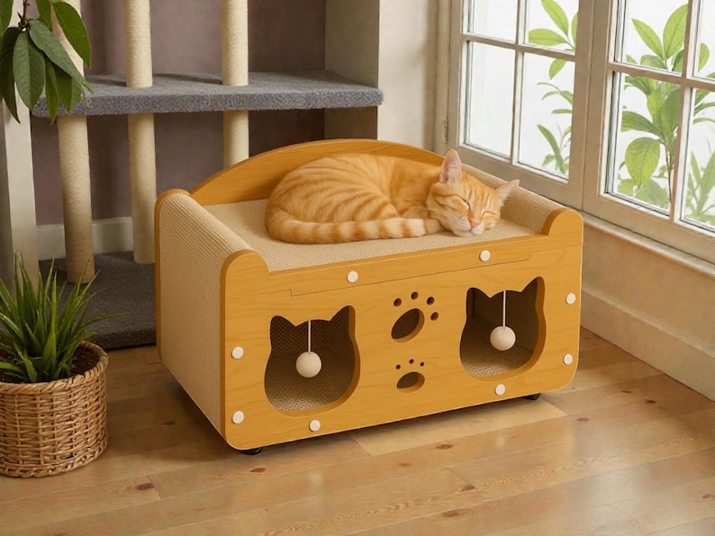 May include: A wooden cat bed with a sleeping orange tabby cat. The bed has a light brown scratch pad, cat-shaped cutouts, and paw print details. A small white ball hangs inside each cat cutout. The bed is on a wooden floor.