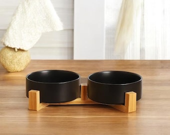 Ceramic Pet Bowl with Bamboo Stand | No Spill Raised Cat & Dog Dish | Food or Water Feeder for Small Pets