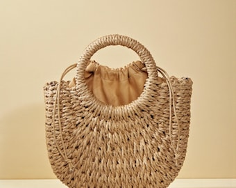 Handwoven Straw Rattan Half Moon Beach Bag | Large Capacity Women Summer Hollow Crossbody Shoulder Handbag