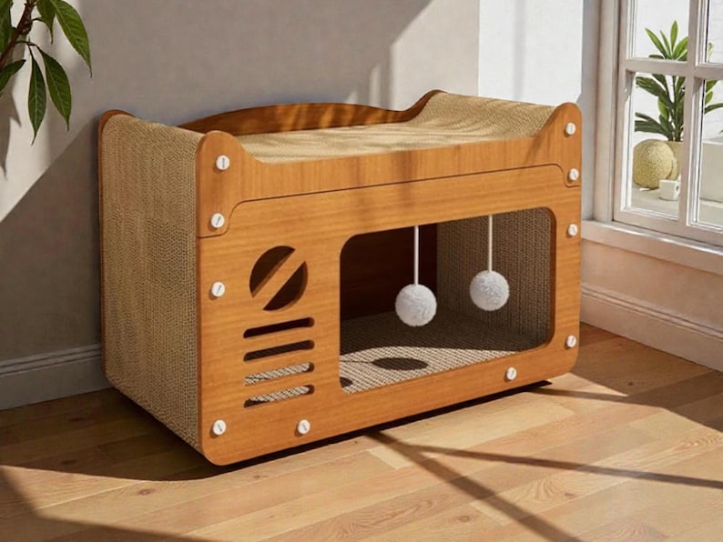 May include: A wooden cat house with a built-in scratching surface and a playful design. The structure features a light brown wood frame with a woven sisal scratching surface and two hanging pom-poms for entertainment.