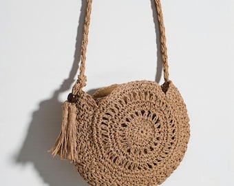 Round Straw Shoulder Bag for Women | Handmade Paper Rope Crossbody | Circle Rattan Bag with Tassel Hollow | Summer Beach Purse