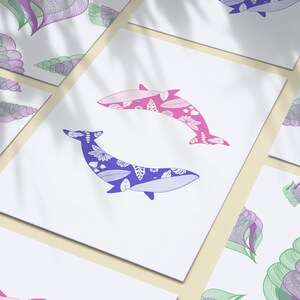 Carte postale baleines roses et violettes - Carte A6 - Illustration baleines à fleurs - whale card