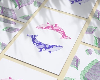 Pink and purple whale postcard - A6 card - Flower whale illustration - whale card