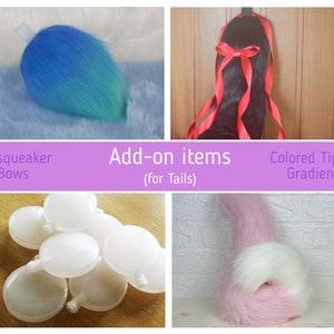 Puede incluir: Una colección de complementos para colas, que incluye una cola con degradado azul-verde, una cola negra con cintas rojas, lazos chirriantes blancos y una cola rosa con punta blanca. La imagen presenta el texto "Add-on items (for Tails)" y "Colored Tip Gradient".