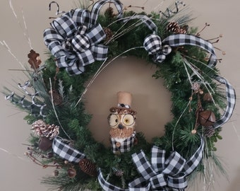 Winter Woodsy Owl Buffalo Plaid Grapevine Wreath Wreath