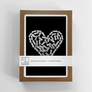 Coffret de 6 cartes de voeux sur le cyclisme - Cadeau unique pour les amateurs de vélo - Respectueux de l'environnement - Carte et enveloppe 100 % recyclées - Chaîne de vélo coeur