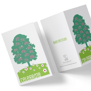 Carte de voeux Celebrate Bike Tree - Cadeau pour les amateurs de vélo - Respectueux de l'environnement - Carte et enveloppe 100 % recyclées