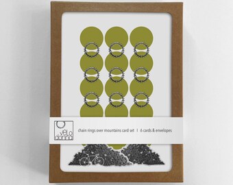 Juego de 6 tarjetas de felicitación de ciclismo: regalo único para amantes de la bicicleta, ecológico, tarjeta 100 % reciclada, anillos de cadena sobre montañas