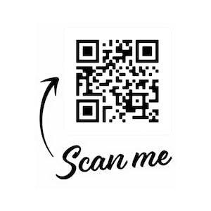 May include: Black and white QR code with the text "Scan me" below it. An arrow points to the QR code.