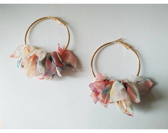 Handmade Fabric Earrings Gold Hoops Colorful Pearl Earrings Long Flower Earrings Bohemian Hoops Gift for Women