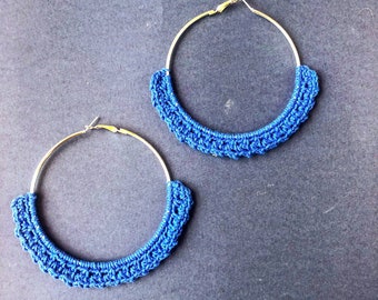 Crochet earrings, handmade earrings, silver hoops, boho earrings, creole hoops, handmade fabric earrings