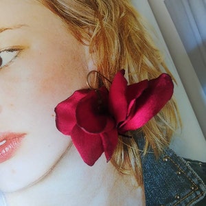 Handmade fabric earrings, long flower earrings, coral boho earrings, gift for woman, gift for friend, textile jewelry