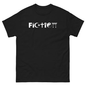 May include: Black t-shirt with the word "Fiction" printed in white letters. The word is surrounded by symbols representing different religions, including a star of David, a cross, a crescent moon, a yin-yang symbol, and a torii gate.