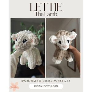 Könnte beinhalten: Das Bild zeigt ein handgestricktes Lammspielzeug namens "Lettie". Das Lamm wird in zwei verschiedenen Farbschemata gezeigt: Weiß und Beige. Der Text "HAND KNIT VIDEO TUTORIAL AND PDF GUIDE" und "DIGITAL DOWNLOAD" sind ebenfalls sichtbar.