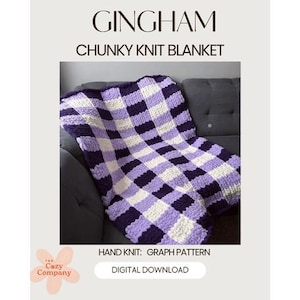 May include: A chunky knit blanket featuring a purple, lavender, and white gingham check pattern. The text GINGHAM CHUNKY KNIT BLANKET and HAND KNIT: GRAPH PATTERN DIGITAL DOWNLOAD are visible. The blanket is draped over a dark gray sofa.