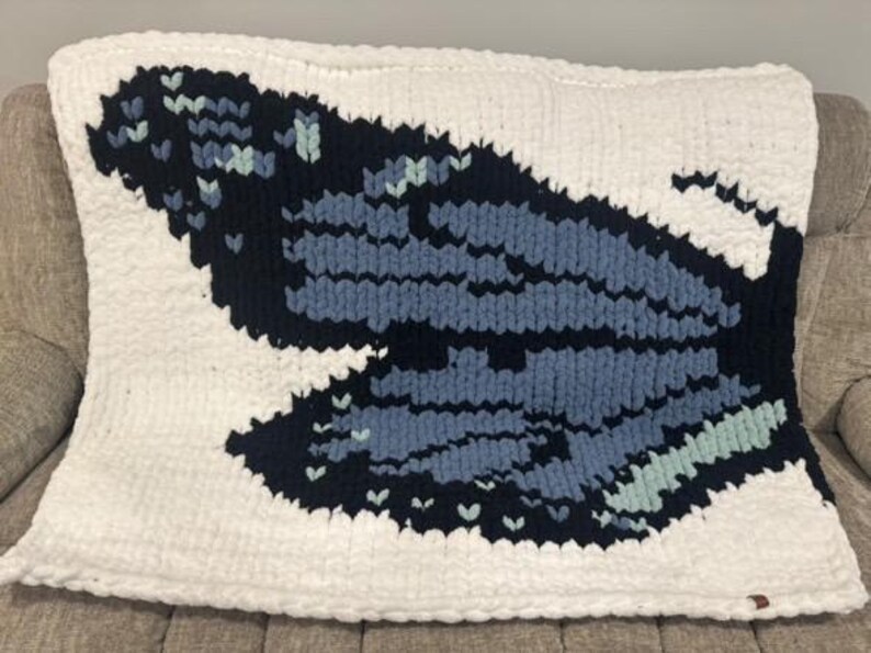 May include: A rectangular chunky knit blanket featuring a large butterfly wing pattern. The design is composed of thick white, navy blue, medium blue, and light mint green yarn, creating a bold graphic contrast across the entire surface.